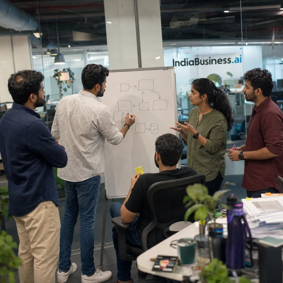 The IndiaBusiness.ai team planning at the whiteboard