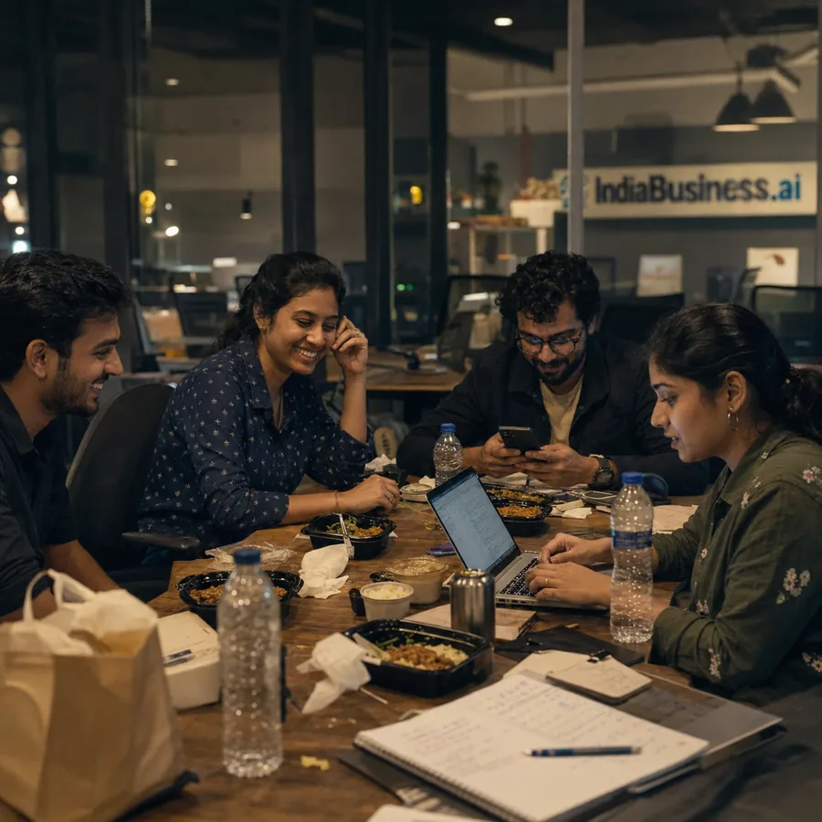 The IndiaBusiness.ai team working together over lunch